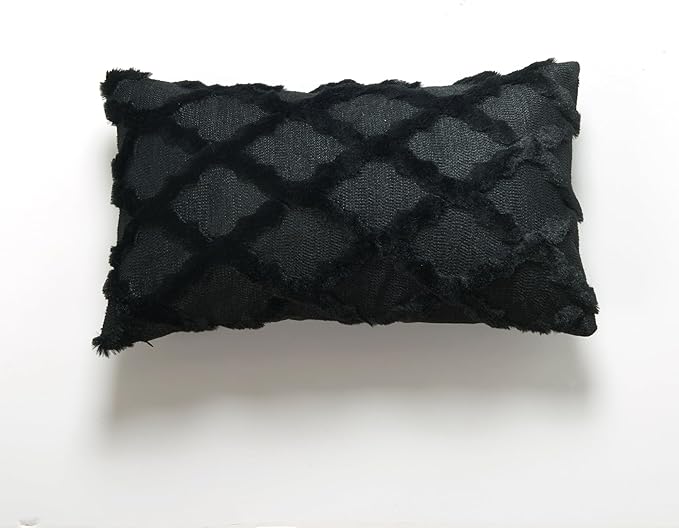 EMMTEEY Boho 12X20 Throw Pillow Covers Set of 2 - Single-Side Fluffy Stripe Stitching Embroidery, Wrinkle Resistant Pillow Case for Couch/Living Room/Bedroom Décor, Black