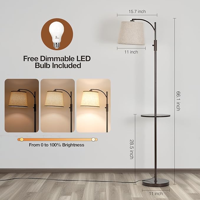 AIDENOEY Fully Dimmable Floor Lamp for Living Room，Standing Lamp Rotary Switch with Table&Linen Beige Shade，Brown Tall Lamps for Bedroom with Adjust Head，9W LED Bulb Included