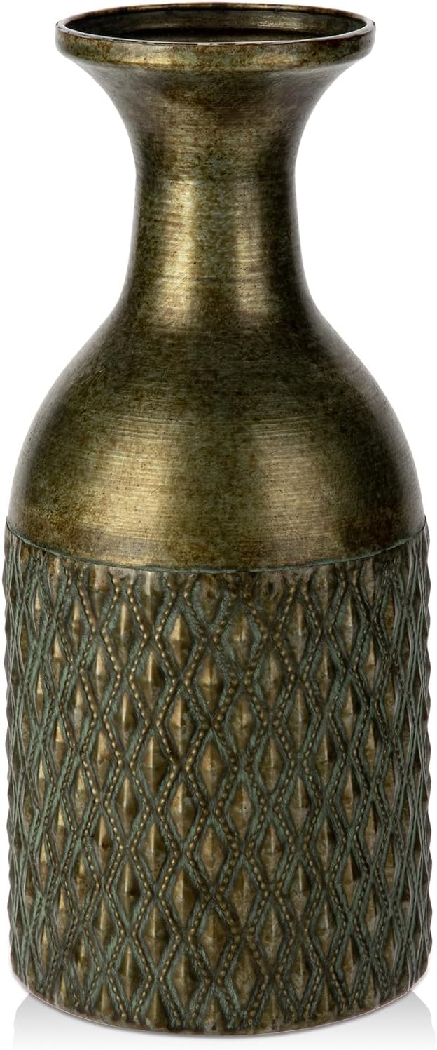 Embossed Metal Vase Floor Vase 11inch Table Centerpiece Home Décor Gift for Dried Flower and Artificial Floral Arrangements Living Room Bookshelf Mantel Table Wedding Decorative Vase Copper Green