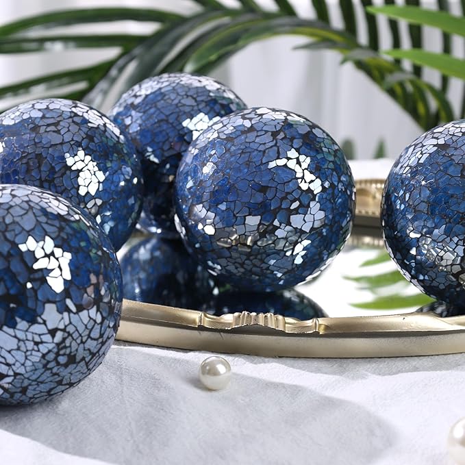DomeStar 3PCS Decorative Balls, Mosaic Glass Orbs Centerpiece Balls 4inch Dark Blue Orbs for Decorate Bowls Vases Tables Wedding Party