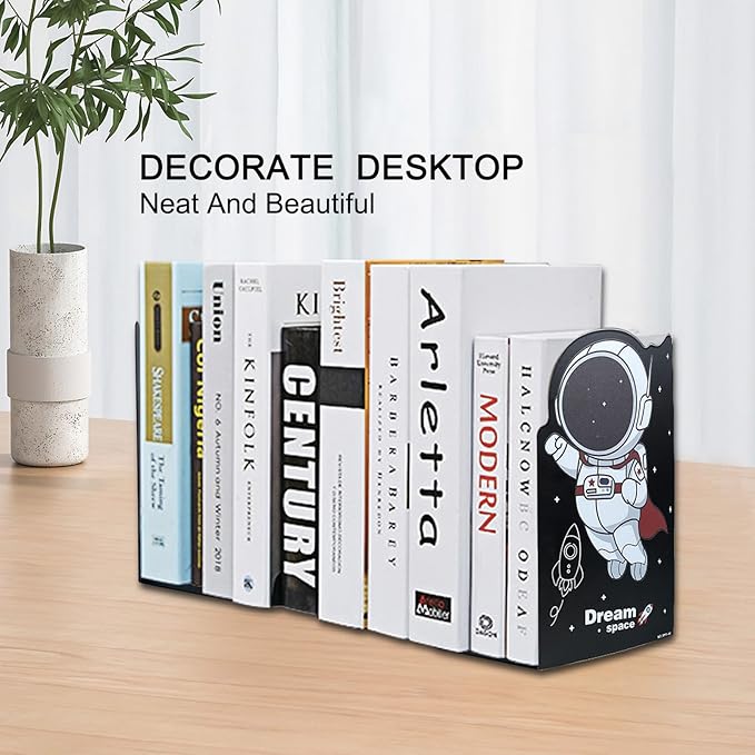 2 Pack Metal Bookends,5.3"x3.9"x8"Non-Slip Black Cartoon Astronauts Book Stopper,Heavy Duty Premium Space-Themed Decorative Book End, Supports for Kids Children Shelves,Room,School,Learning Gifts