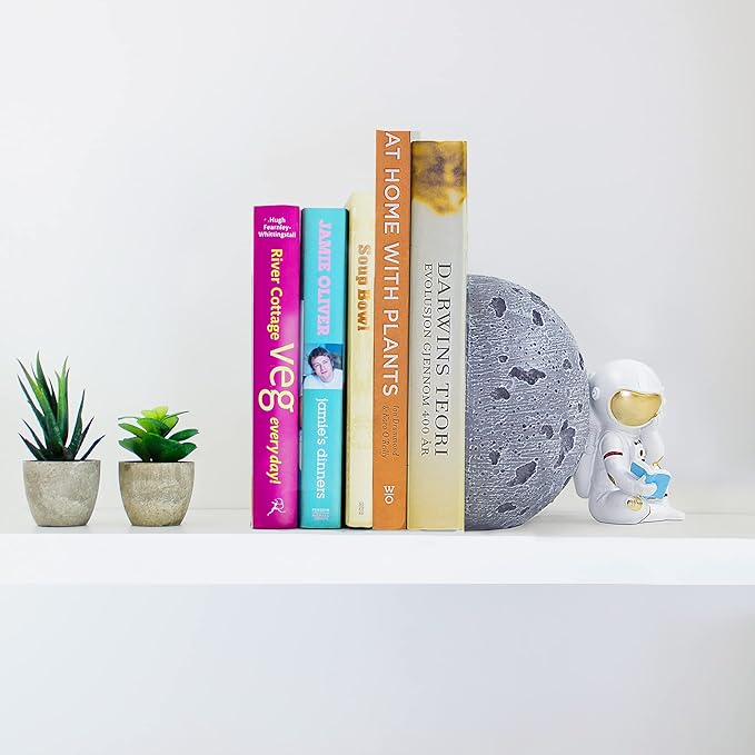 Heavy Duty Astronaut Bookends, Space-Themed Book Ends for Kids Room & Nursery Decor, Gray Moon Book Stoppers to Hold Books, Decorative Bookends for Shelves, Ideal for Boys and Girls