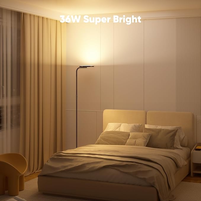 SIBRILLE 36W LED Floor Lamp, Super Bright Standing Lamp, Modern Stepless Dimmable Torchiere Tall Lamp with Remote Control, 350°Rotating Head Reading Floor Lamp for Living Room, Bedroom, Office - Brown