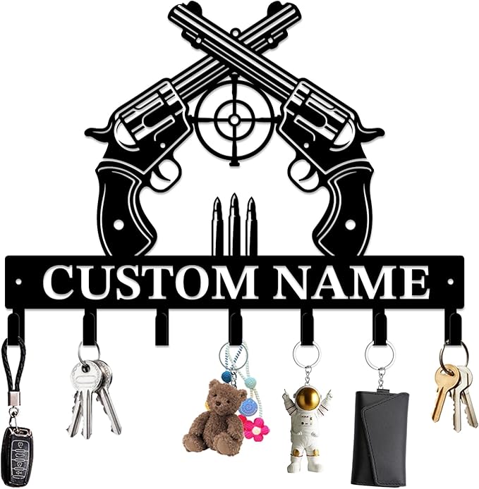 Personalized Custom Name Gun Wall Hooks,Metal Gun Room Art Clothes Hooks,Metal Gun Wall Home Storage Decorative,For Front Door, Hallway, Kitchen, Bedroom,Keys,Hats (Style I)