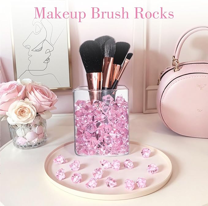 DOMESTAR Pink Fake Ice, 150PCS Acrylic Fake Diamonds, Plastic Crystals Gems, Vase Fillers DIY Craft Makeup Brush Rocks Wedding Party Table Centerpieces Scatter Valentines Day Decorations