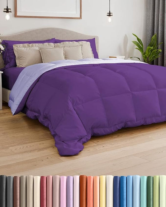 King Size, Purple & Lavender Reversible Alternative Down Comforter - Warm Lightweight Breathable Hotel Quality Bedding Set - All Season Fluffy Cozy Oversized Cooling Microfiber Duvet Insert Comforter