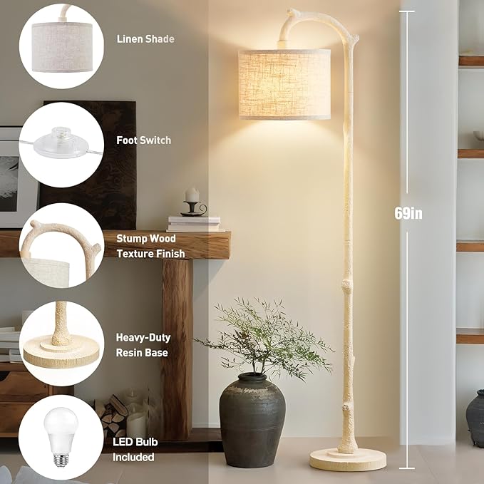 EJIAXIN Floor Lamp for Living Room - 69" Rustic Farmhouse Tall Lamp with Adjustable Color Temperatures- Country Resin Vintage Reading Light Standing Lamps for Bedroom Office Home Decor, Almond White