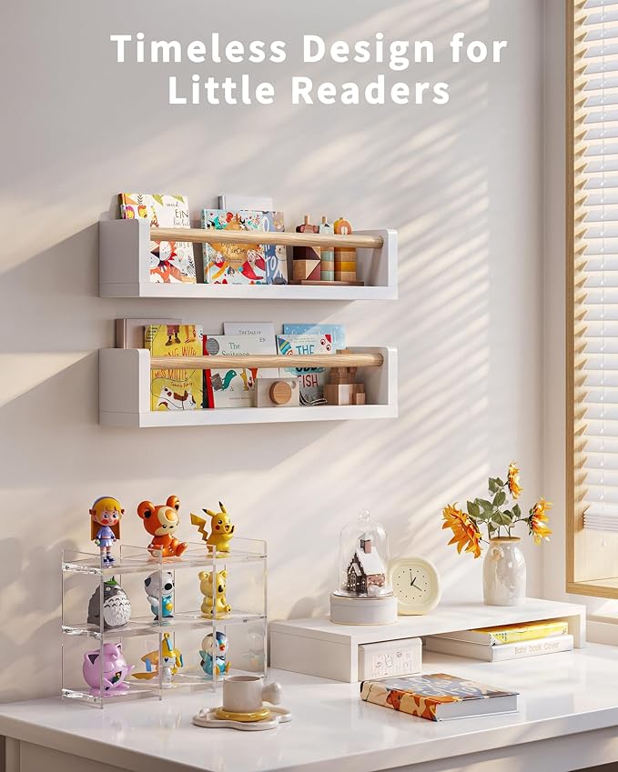 Nursery Book Shelves - 4 Pack, Wall Book Shelves for Bedroom Kids, Kids Wall Book Shelf, Book Shelf for Kid Rooms, Toddler, Baby, Play Room, Nursery Decor (White Wood, 16.5 Inches)