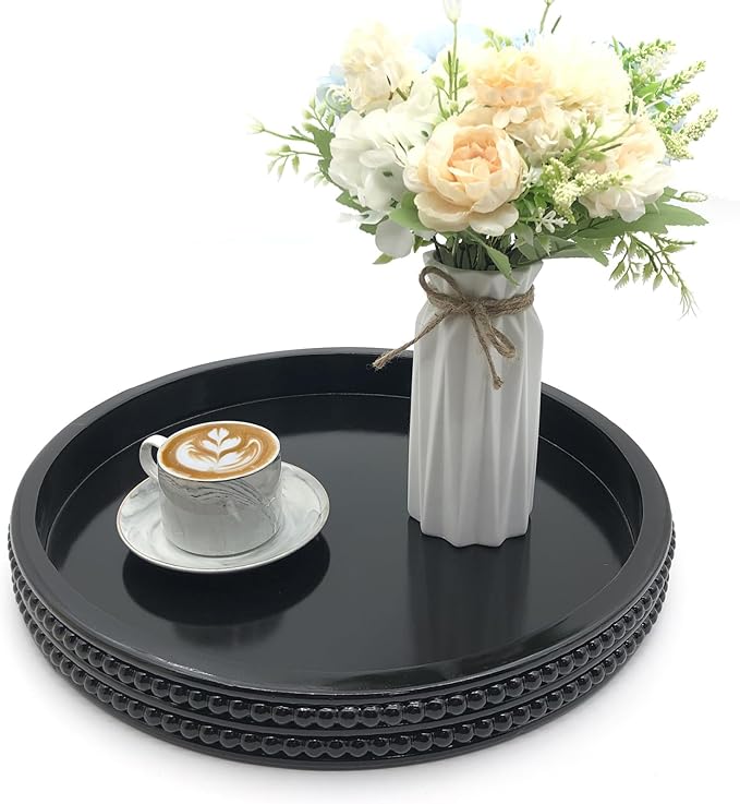 Carah & Cossh Round Wooden Serving Tray, Black Decorative Wood Tray, 16'' Round Modern Decorative Tray, Perfect for Storage and Display (Black)