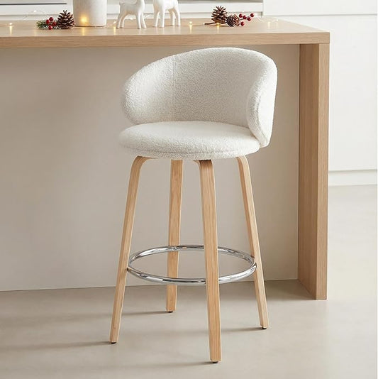 LukeAlon Modern Single Sherpa Counter Stool, Upholstered 26" Seat Height Low Bar Stools with Wood Legs Armless Counter Height Bar Chairs with Footrest for Kitchen Dining Room, Fur White