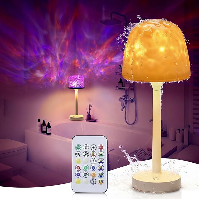 Shower Lamp, Waterproof Bathroom Light with 16-Color Ocean Wave Projector, Rechargeable & Cordless with Touch and Remote Control for Bathtub and Shower