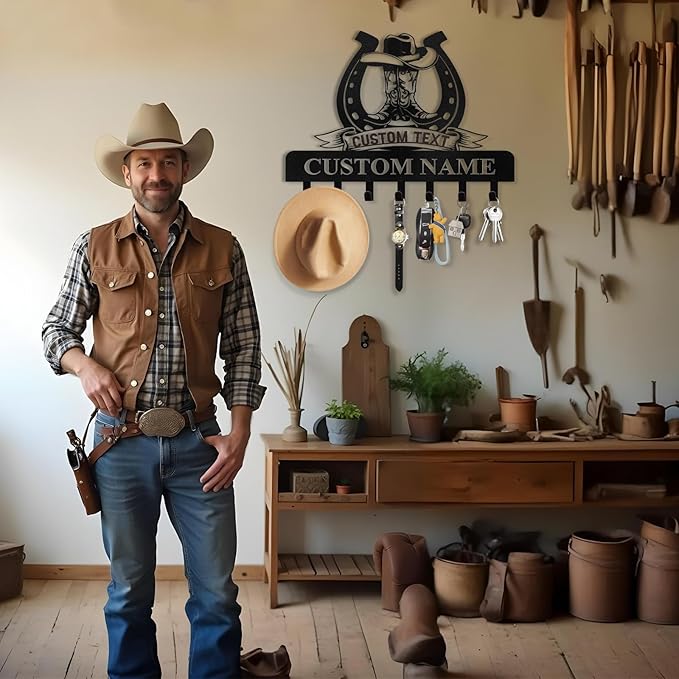 Personalized Cowboy Coat Hooks, Cowboy Boots Key Holder Wall Mount, Clothes Cowboy Hat Rack and Backpack Hanger, Western Wall Decor, Metal Key Rack Organizer for Living Room Hallway Color05