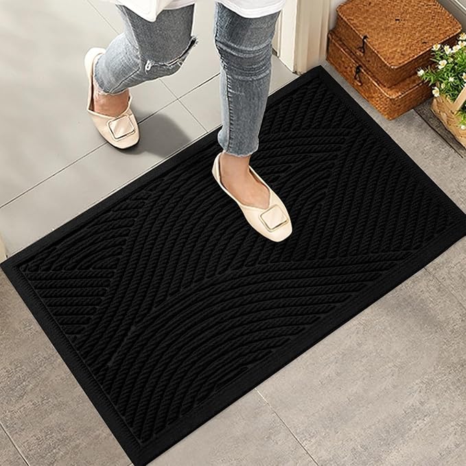 HIYARD Sturdy Front Door Mat, Absorbent Muddy Dirt Resist Welcome Door Mats Outdoor Indoor, Fade Resistant, Non-Slip Backing Entry Mat Low Profile Doormat for Entryway, 29×17, 2 Pack, Black