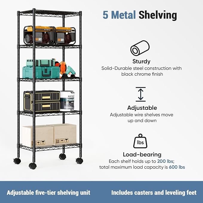 DUMOS 5 Tier Metal Shelving, Heavy Duty Shelves Wire Shelving Unit with Removable Wheel Casters, Shelves Organizer for Bathroom Garage Living Room Kitchen Pantry Laundry