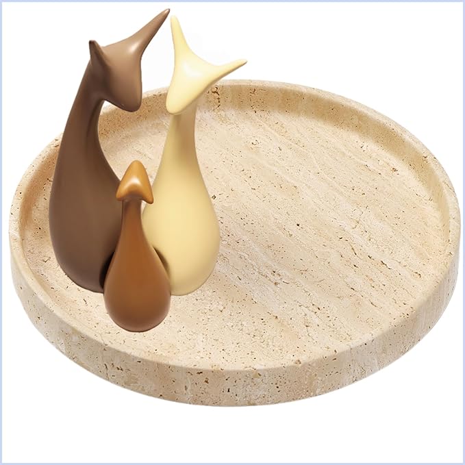 Natural Travertine Vanity Tray – Round Beige Marble Tray for Bathroom, Jewelry, Candle, Perfume, Nightstand & Kitchen Decor, 10 Inch Wabi-sabi Style Decorative Stone Catchall Organizer