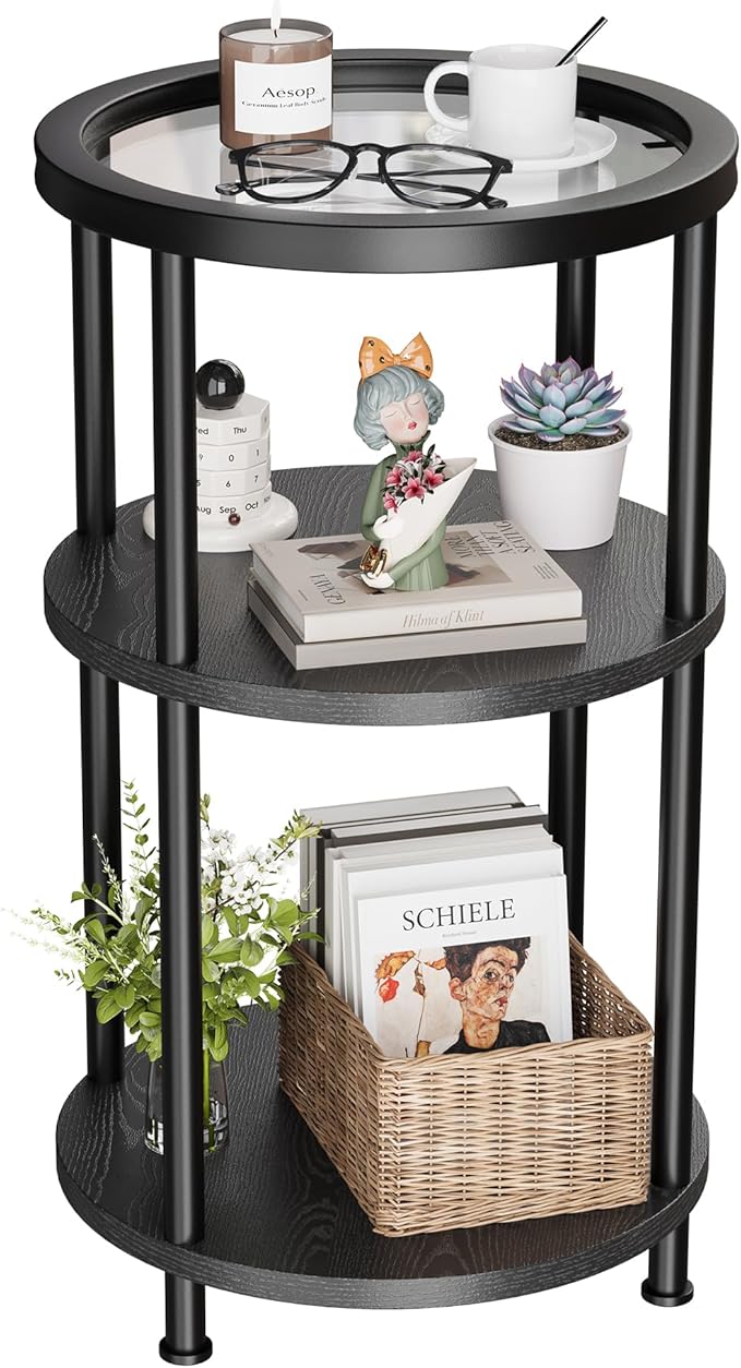 Homeiju Round Side Table with Glass Top, 3-Tier Glass End Table with Adjustable Feet, Bedside Table for Small Space for Living Room, Balcony, Bedroom, Black