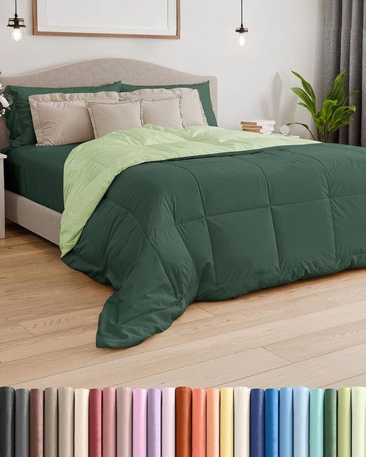 Cal King Size, Green Reversible Alternative Down Comforter - Warm Lightweight - Luxury Breathable Hotel Quality Bedding Set - All Season Fluffy Cozy Oversized Cooling Microfiber Duvet Insert Comforter