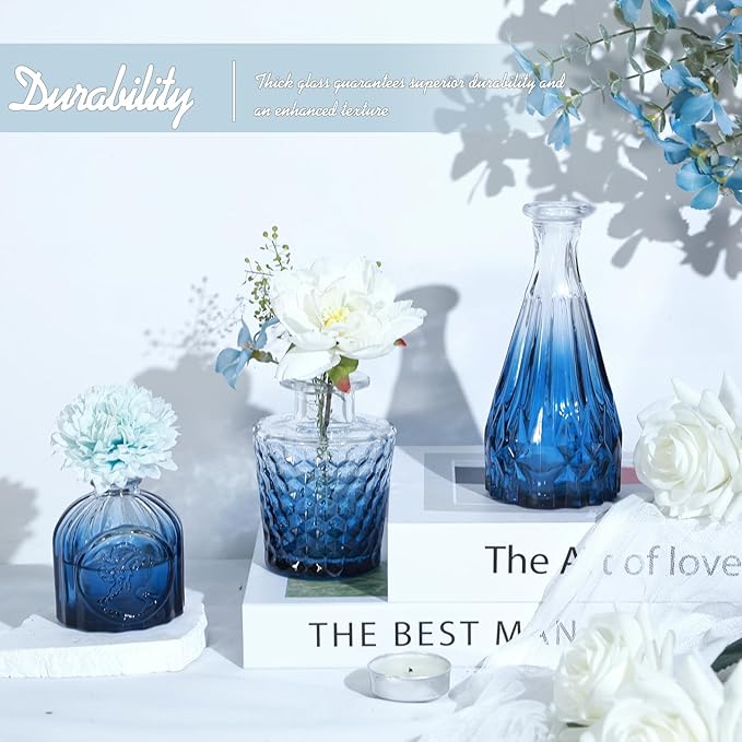 Glass Bud Vase Set of 5, Small Blue Flower Vases for Centerpieces in Bulk, Mini Vintage Vase for Wedding Decor, Single Flowers, and Home Table Décor