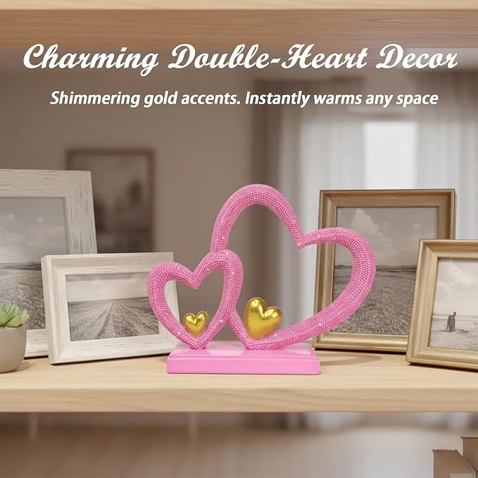Double Heart Sculpture Valentine’s Day Statue, Faux Beaded Texture with Gold Accents, 7.9" Pink Romantic Decor for Shelf, Mantel, Bedroom, Wedding, for Her