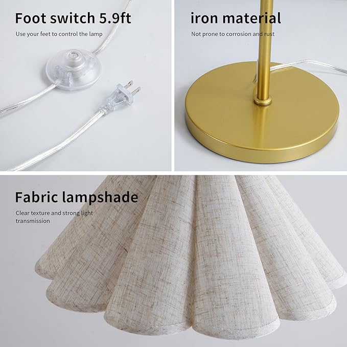 Omlaamy Floor Lamp with Pleated Linen Lampshade, Modern Flower Floor Lamp for Living Room Arc Standing Lamp, Gold Tall Lamp for Bedroom Office Dining Room, Bulb Included (Gold + Flax Color, 66.14IN)