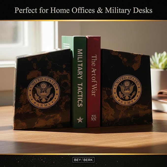 Bey-Berk U.S. Army Seal Tiger Eye Marble Bookends (Set of 2), 4.5" x 2" x 6" Heavy-Duty Military Book Ends, Officially Licensed Desk and Shelf Decor