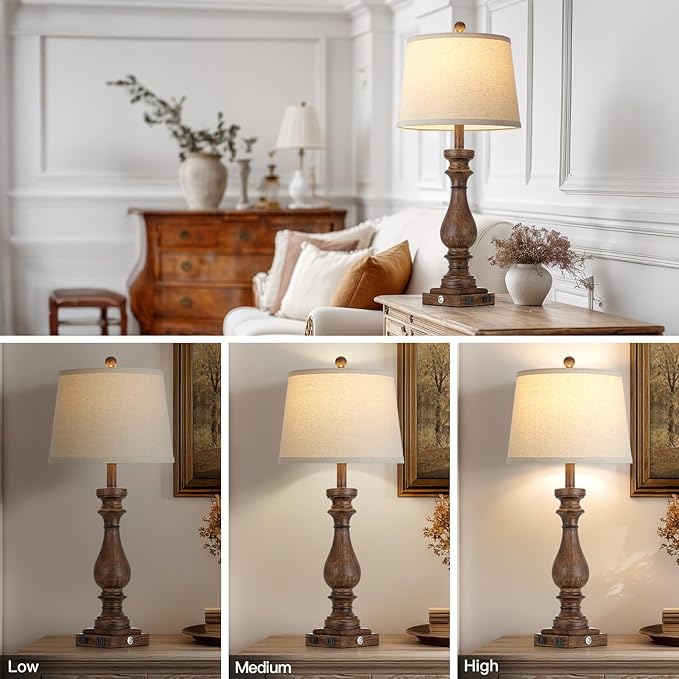 29" Farmhouse Brown Table Lamp for Living Room Set of 2,Vintage Bedside Nightstand Lamps with USB C+A Ports & AC Outlet,3-Way Dimmable Touch Retro Lamp for Bedroom,Brown