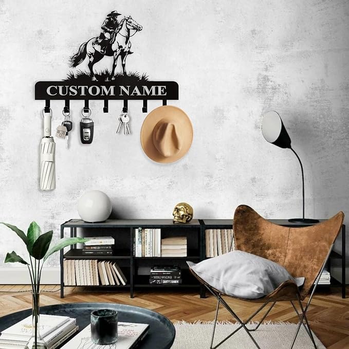 Personalized Cowboy Coat Hooks, Cowboys Horse Key Holder Wall Mount, Clothes Cowboy Hat Rack and Backpack Hanger, Western Wall Decor, Metal Key Rack Organizer for Living Room Bedroom Color01