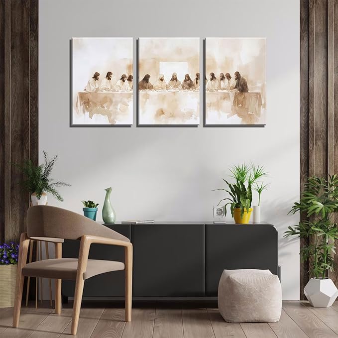 3Pcs Frame Jesus Last Supper Canvas Wall Art Christian Bible Famous Paintings Wall Decor Pictures Renaissance Painting Posters Prints for Corridor Dining Living Room Kitchen Bedroom Decoration16x24in