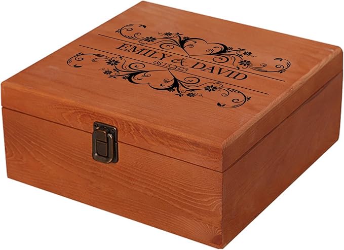 Personalized Wedding Keepsake Box Custom Name Date, Wooden Memory Box Wedding Gift Box for Couples Newlyweds - Customized Gifts for Bridal Shower Anniversary Engagement Christmas