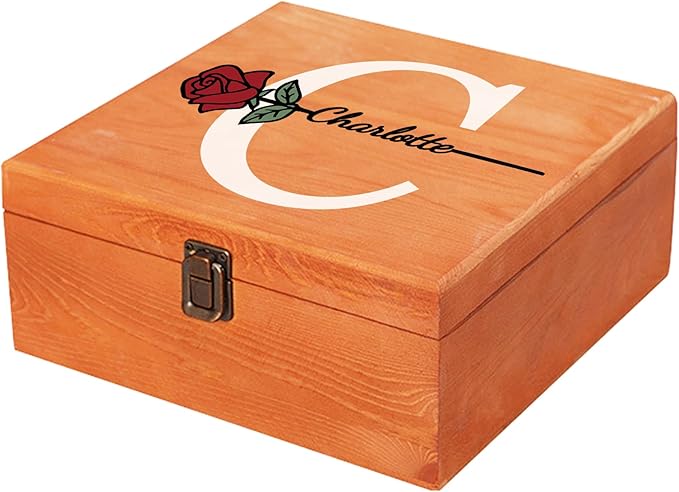 Personalized Wooden Keepsake Memory Box with Birth Flower & Name, Custom Wood Decorative Storage Box with Lids Customized Christmas Gift Box for Women Teen Girls Mom Birthday Gifts