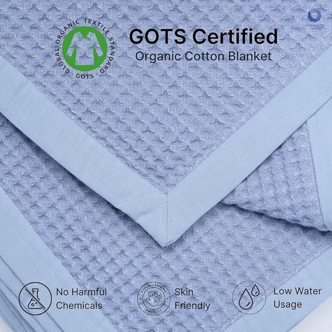 9Threads GOTS Certified Organic Cotton Waffle Weave Blanket, King Bed Size,108"X90" Cozy Throw Blanket for Couch, Modern Home Decor, Throw Blankets, Waffle Blanket, Soft Bed Blankets - Powder Blue
