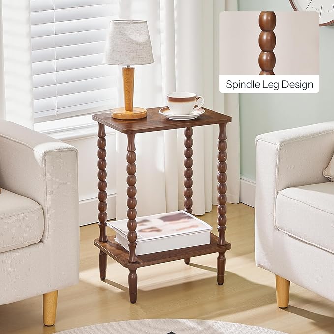 HOOBRO End Table, 2-Tier Small Side Table with Spindle Legs, Nightstand with Storage Shelves, Sofa Side Table, for Living Room, Bedroom, Small Space, Walnut WL189BZ01
