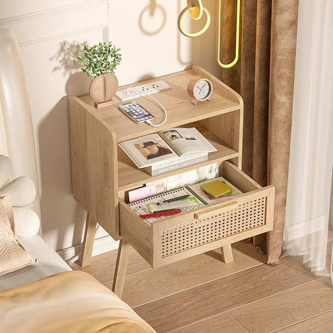 Lerliuo Rattan Nightstands Set of 2 with Charging Station, Boho Night Stand with Handmade Natural Rattan Drawer and Open Shelf, Side End Tables with Solid Wood Legs for Bedroom, Dorm, Small Spaces