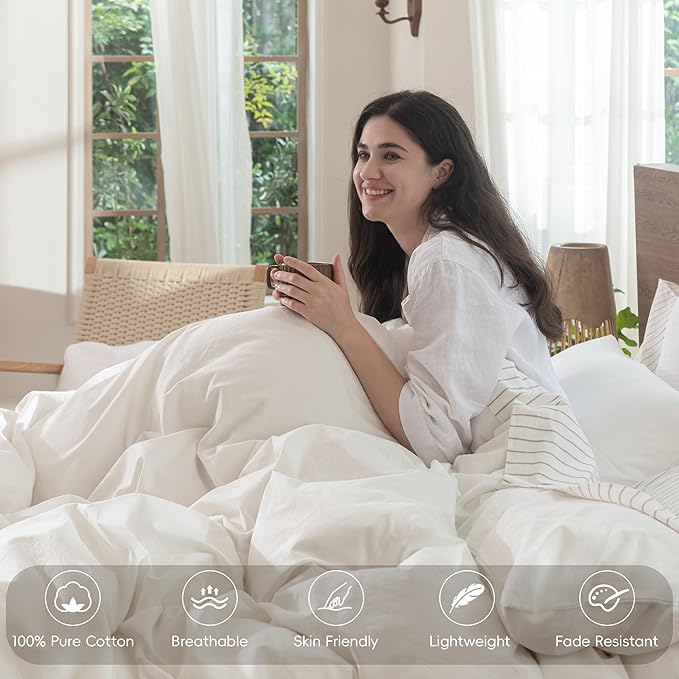 MooMee Bedding Duvet Cover Set 100% Washed Cotton Linen Like Textured Breathable Durable Soft Comfy (Solid Off White, Palatial King/Oversized King 120"x98")