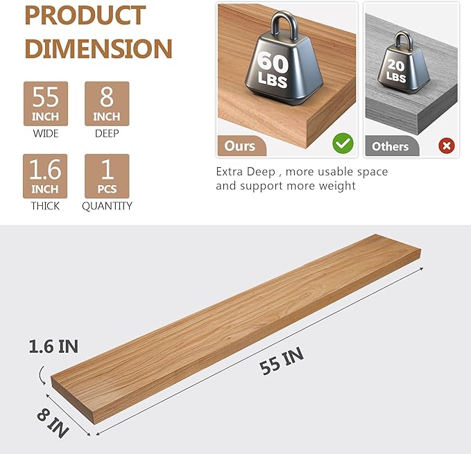 Fun Memories 55 Inch Floating Shelves, USA-Sourced Rustic Elm Wood Floating Shelves Wall Mounted, Wall Shelves with Invisible Bracket for Living Room Bathroom Bedroom Kitchen(Natural, 55"x 8")