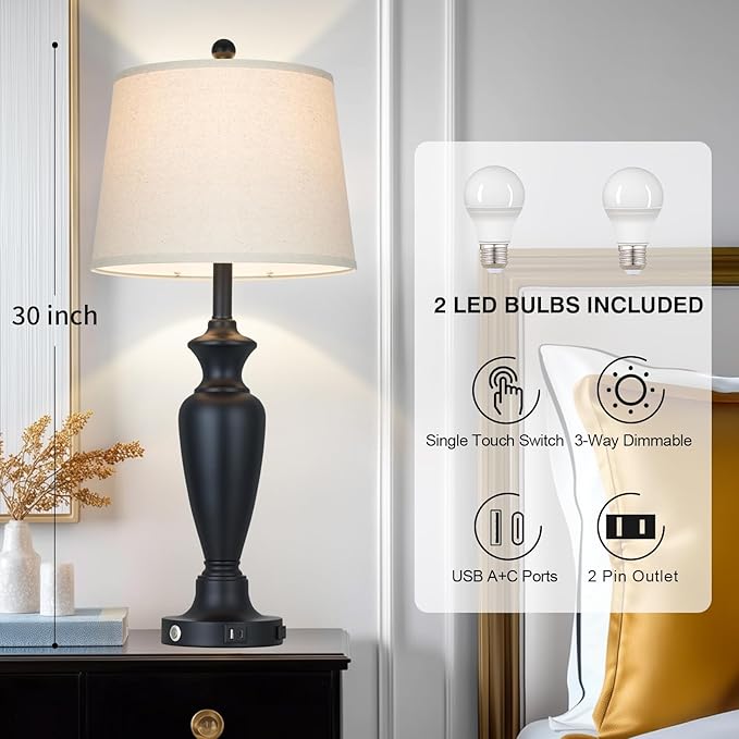 Black Table Lamp for Living Room Single, 30″ Tall Touch Control Bedside Lamp for Bedroom, 3-Way Dimmable Nightstand Lamp with USB A+C Ports and AC Outlet (1 Pack)