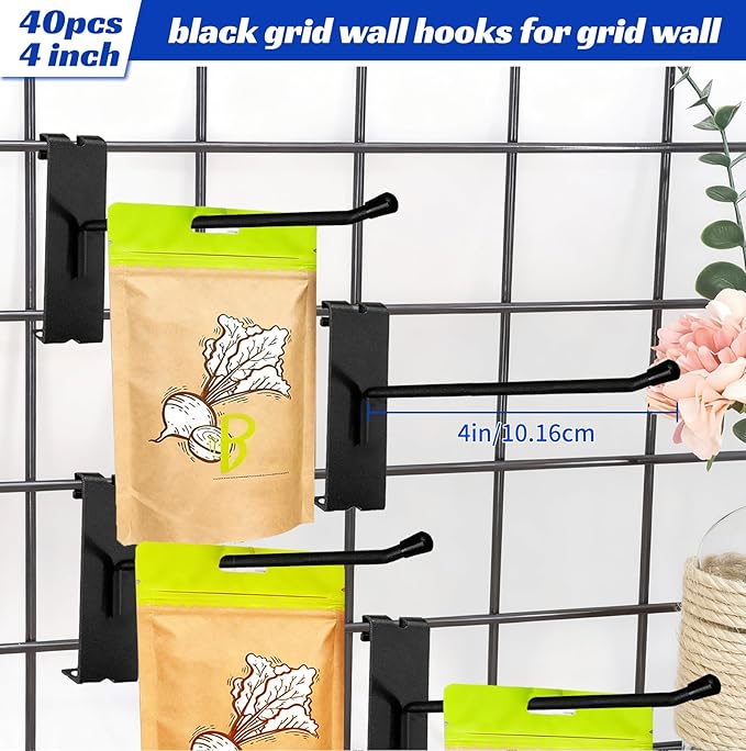Gridwall Hooks 4 inch,40pcs Display Hooks for Grid Wall Panel,Metal Grid Wall Accessory for Retail Store, Home Storage, Garage,Trade Show