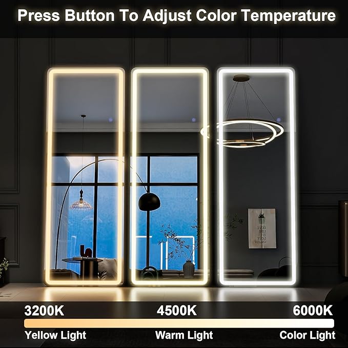 GLSLAND LED Full Length Mirror, 60"x16" Rectangle Floor Mirror with Stand, Wall Mounted Hanging Free Standing Full Body Mirror with Lights for Bedroom Living Room, White