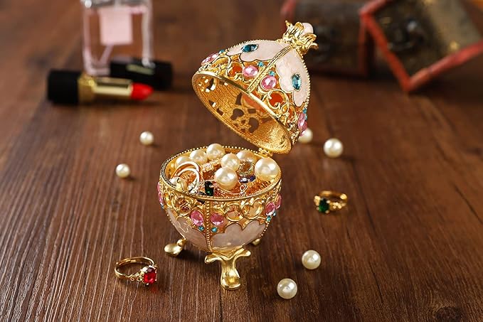 Trinket Box with Hinged White Hollow Out Easter Egg Enamel Jewelry Box Classic Ornaments Metal Craft Gift for Home Decor