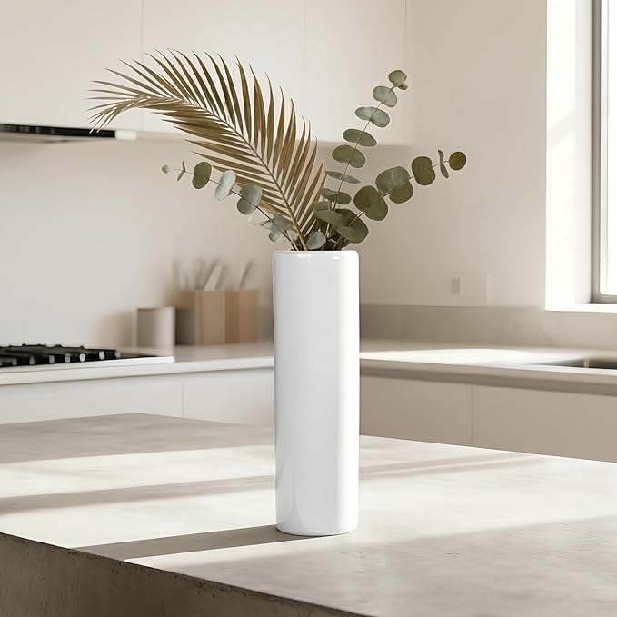 12 Inch White Vase Ceramic Flower Vase, Tall Vases for Pampas Grass, Home Decor, Modern Textured Vases for Living Room Decorations,Table Centerpieces,Shelf,Farmhouse Small Ceramic Vase