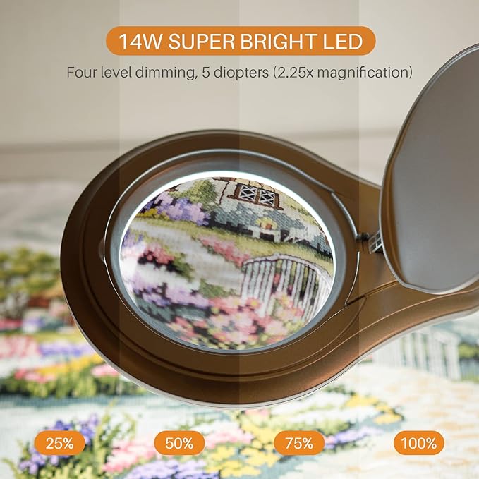 Bemelux LED Magnifying Lamp with Clamp, 5 Inch Magnifier Glass Lens, Metal Swing Arm Dimming 1200 Lumens Lighted Magnifying Desk Lamp for Crafts, Bright 60PCS LEDs - 2.25X Magnification(Silver)