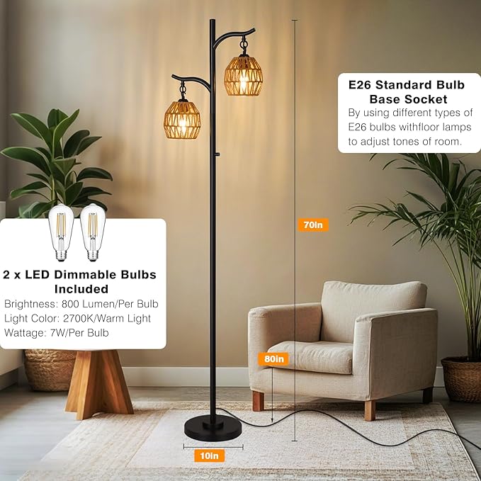 9MMML Rattan Floor Lamp for Living Room, Boho Floor Lamp with 2 Hanging Rattan Lamp Shade, 67'' Farmhouse Dimmable Black Standing Lamp with Rotary Switch for Bedroom, 2 x 800LM LED Bulbs Included
