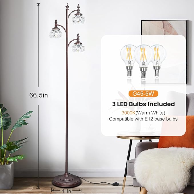JUNNAI Brown Glass Floor Lamps for Living Room 66.5'' Standing Lamp with 3 Brightness Lights Vintage Mid Century Modern Pole Bronze Tree Lamp for Bedroom Office(3LED Bulbs Included)
