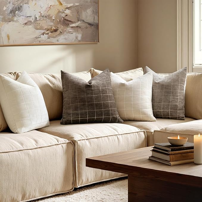 MIULEE Decorative Chenille Check Throw Pillow Covers Vintage Plaid Couch Pillows 16x16 Inch Set of 2 Neutral Boho Farmhouse Cushion Covers Modern Spring Home Decor for Sofa Bed Living Room Beige