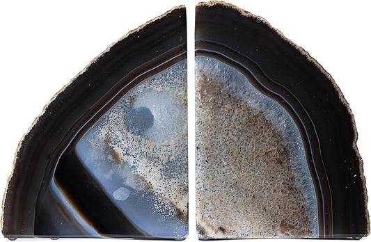 Nature's Decorations A Quality Black Agate Geode Bookends - Heavy Duty with Non-Skid Rubber Bumpers for Shelves, Office, Home Decor - Cool Crystal Stone (1 Pair 4-6 LB)