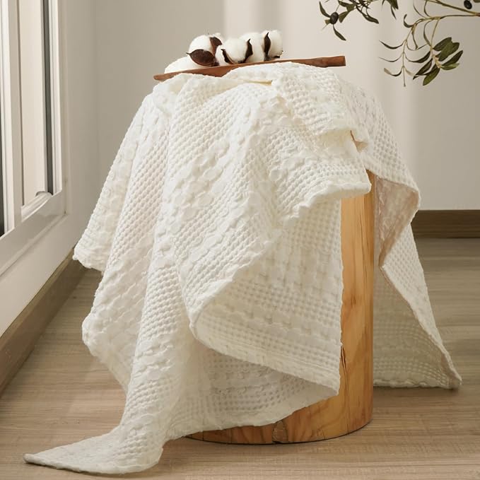 PHF 100% Cotton Waffle Weave Throw Blanket, Soft Lightweight Breathable Cozy Throws for Couch Bed Sofa, 300 GSM Luxury Aesthetic Blanket Gift for Home Decor & Office, 50"x60", Ivory