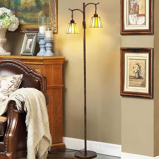 Asmymhd Vintage Dimmable Floor Lamp, Tiffany Standing Lamp with 2 Stained Glass Shades, Rustic Farmhouse Floor Lamp with Bronze Finish for Living Room Bedroom