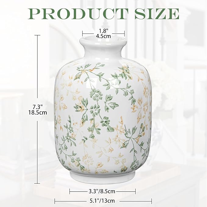 Hollyone Green and White Porcelain Vase Large Chinoiserie Floral Vintage Tall Green Ceramic Vases for Home Mantle Shelf Living Room Table Centerpieces Decor, 7.3 Inch