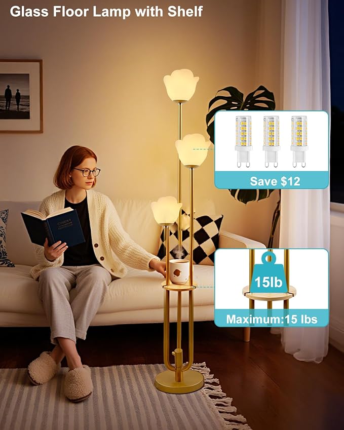 ACOHOOK 63IN Floral Floor Lamp with Table, 3-Lights Dimmable Flower Floor Lamps for Wedding Party, 3000K Warm White Modern Tall Standing Lamp for Living Room/Bedroom