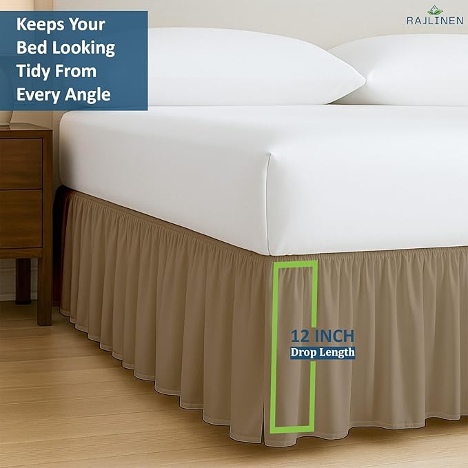 Rajlinen Ruffled Bed Skirt King, 12 Inch Drop Dust Ruffle with Split Corners, 100% Microfiber Bedskirt with Platform, Three-Sided Coverage Ruffled Gathering Design, Taupe
